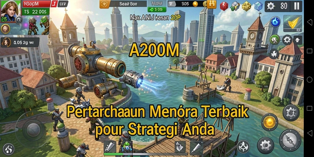 Screenshot gameplay A200M menunjukkan pertahanan menara yang strategis.