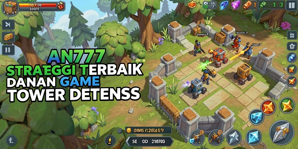 Screenshot gameplay AN777 dengan menara dan musuh yang menyerang.