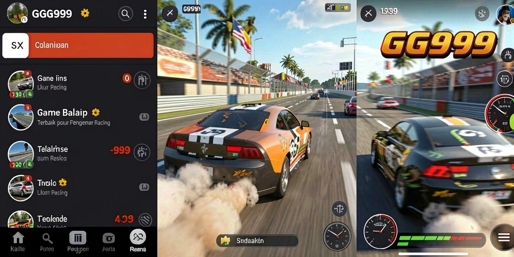 Screenshot hidup dari balapan GG999 dengan mobil kencang di lintasan.