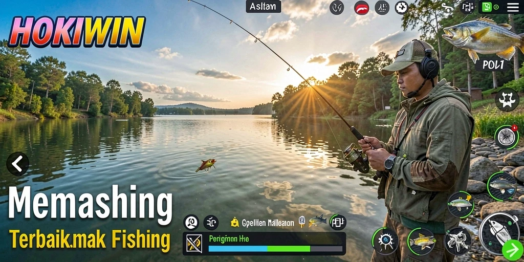 Screenshot gameplay HOKIWIN dengan aksi memancing yang seru.