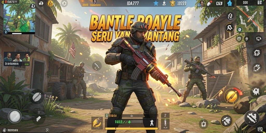 Tangkapan layar utama IDA777 menampilkan aksi intens dalam Battle Royale.