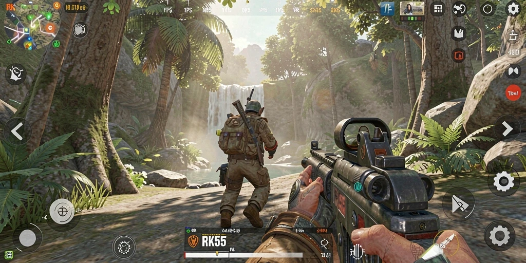 Screenshot RK55 menampilkan aksi pertempuran seru di arena game TPS.