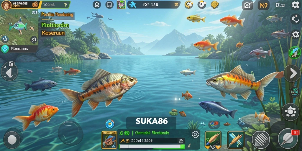 Screenshot pemain sedang memancing di danau yang indah.
